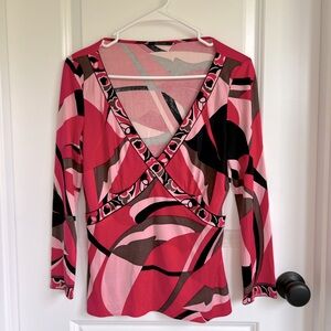 💞Elie Tahari 100% Silk V Neck Top in Pink Swirl Design